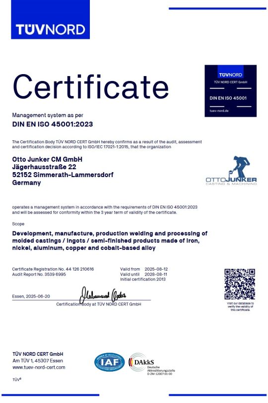 Zertifikat - Safety management system to ISO 45001