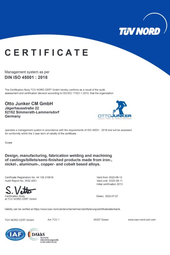 Zertifikat - Safety management system to ISO 45001